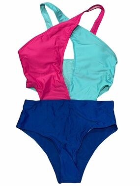 Colorblock Cutout One-piece Halter Wrap Pink Teal Royal Blue Swim Size Medium